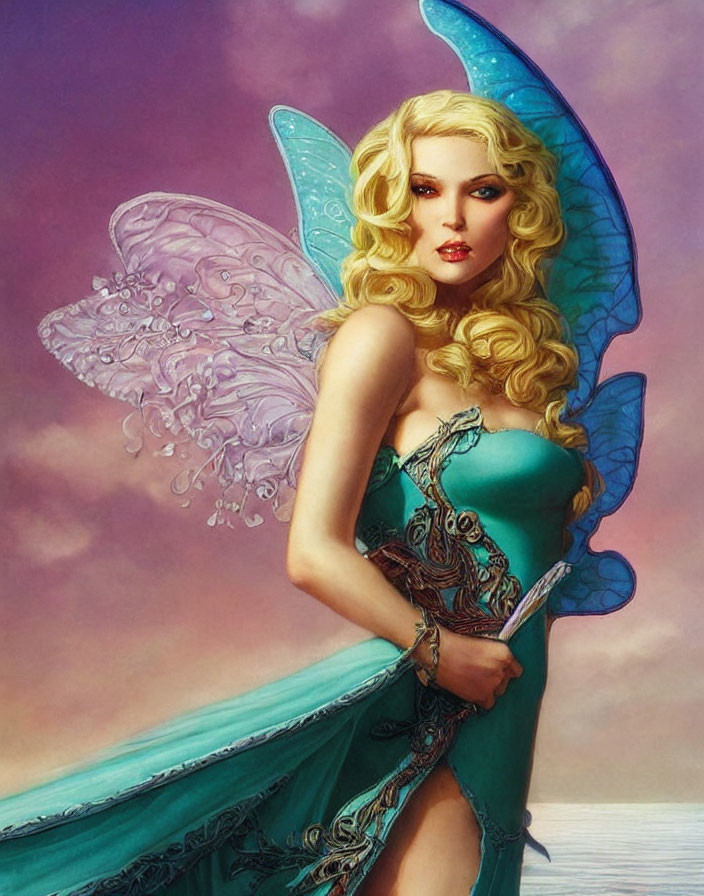 Blonde female figure with fairy wings in turquoise dress and dagger against purple sky