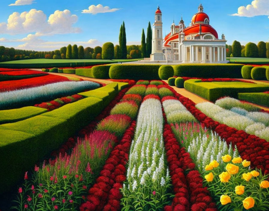 Symmetrical garden with colorful flowers in front of an elegant building