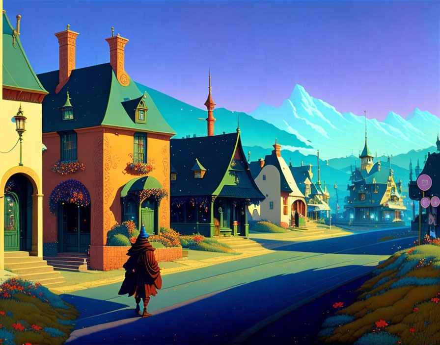 Vibrant village scene with European architecture, cloaked figure, and snowy mountains