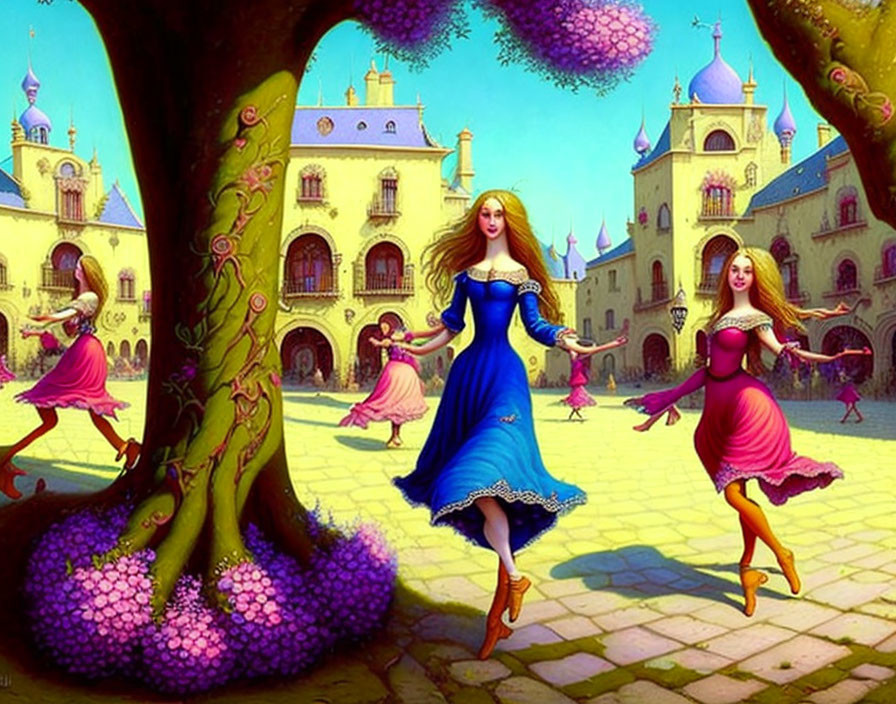 Vibrant painting of women dancing in colorful courtyard