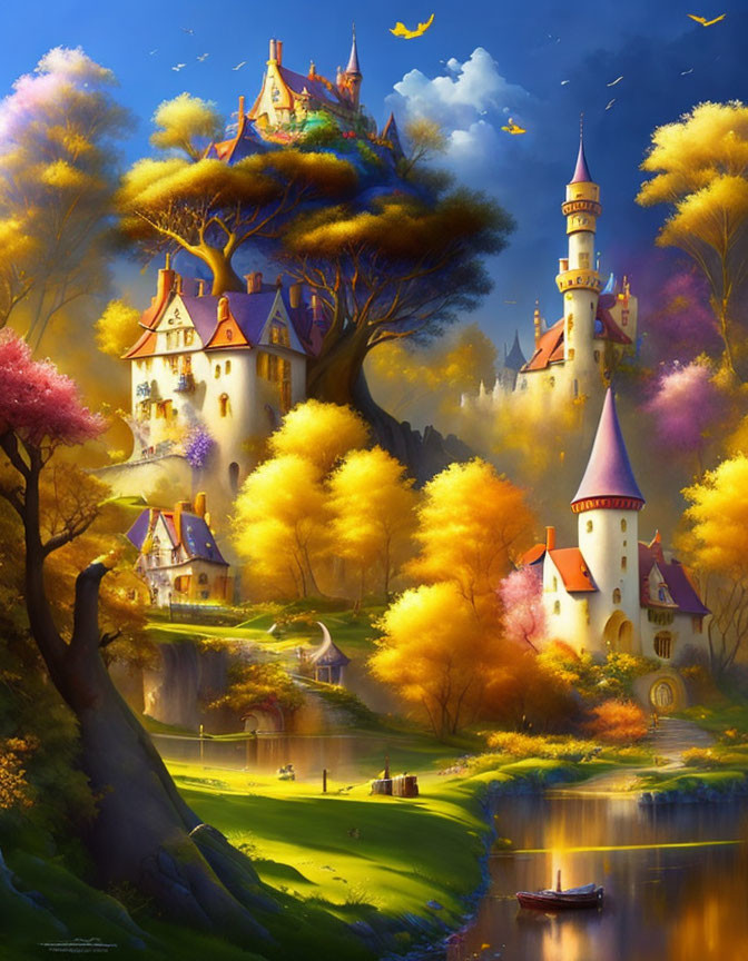 Fantasy castle with towers in autumnal setting by serene lake