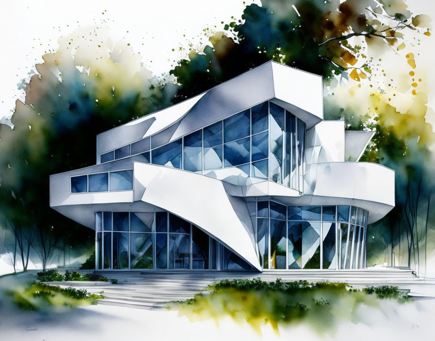 Modern architecture with large windows in watercolor art