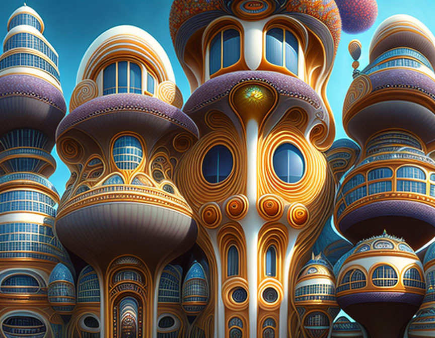 Swirling organic shapes in vibrant surreal architecture