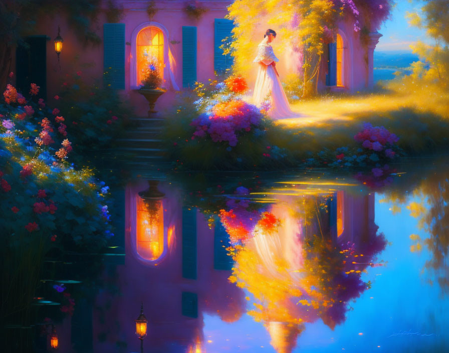 Woman in white dress by tranquil pond at twilight with house lights reflections