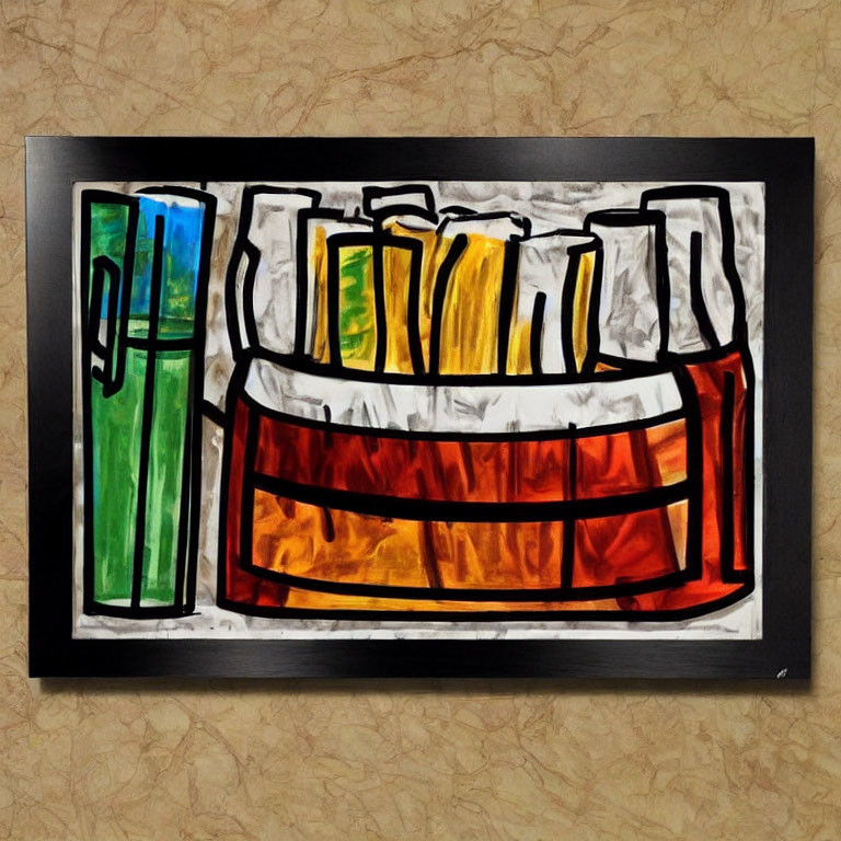 Vibrant abstract painting of books on shelf displayed on textured wall