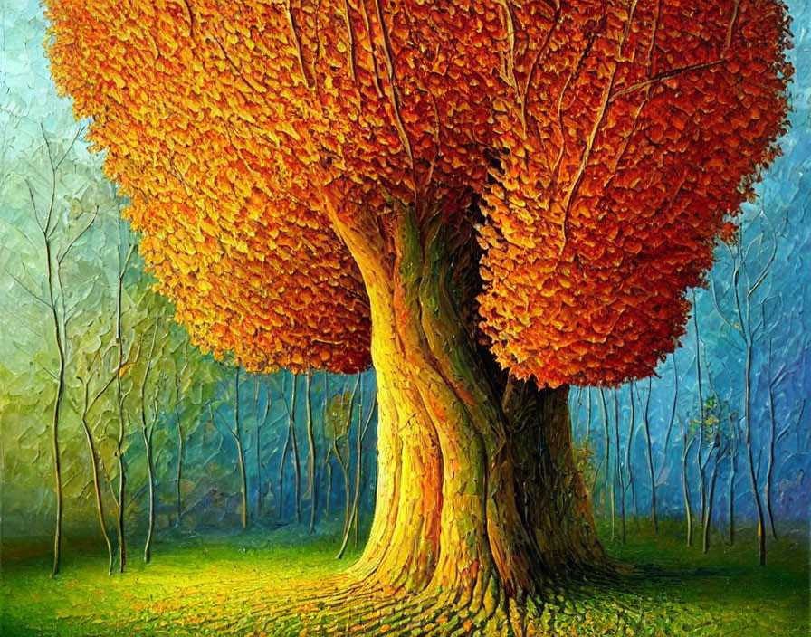 Large Tree Painting with Orange Foliage in Blue and Green Forest