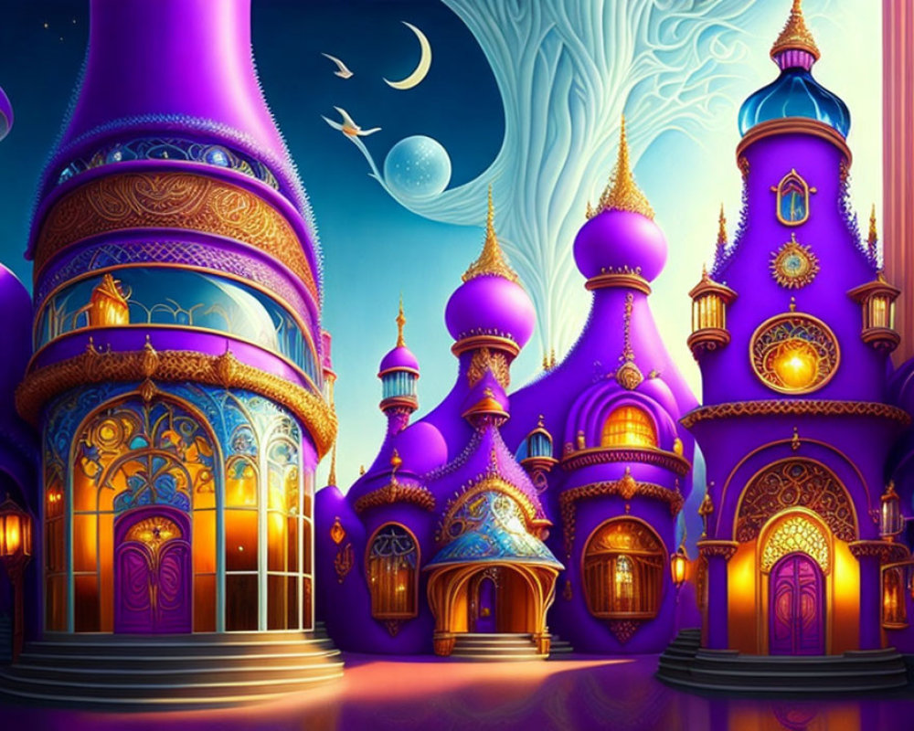 Whimsical vibrant palace at night with crescent moon and glowing windows