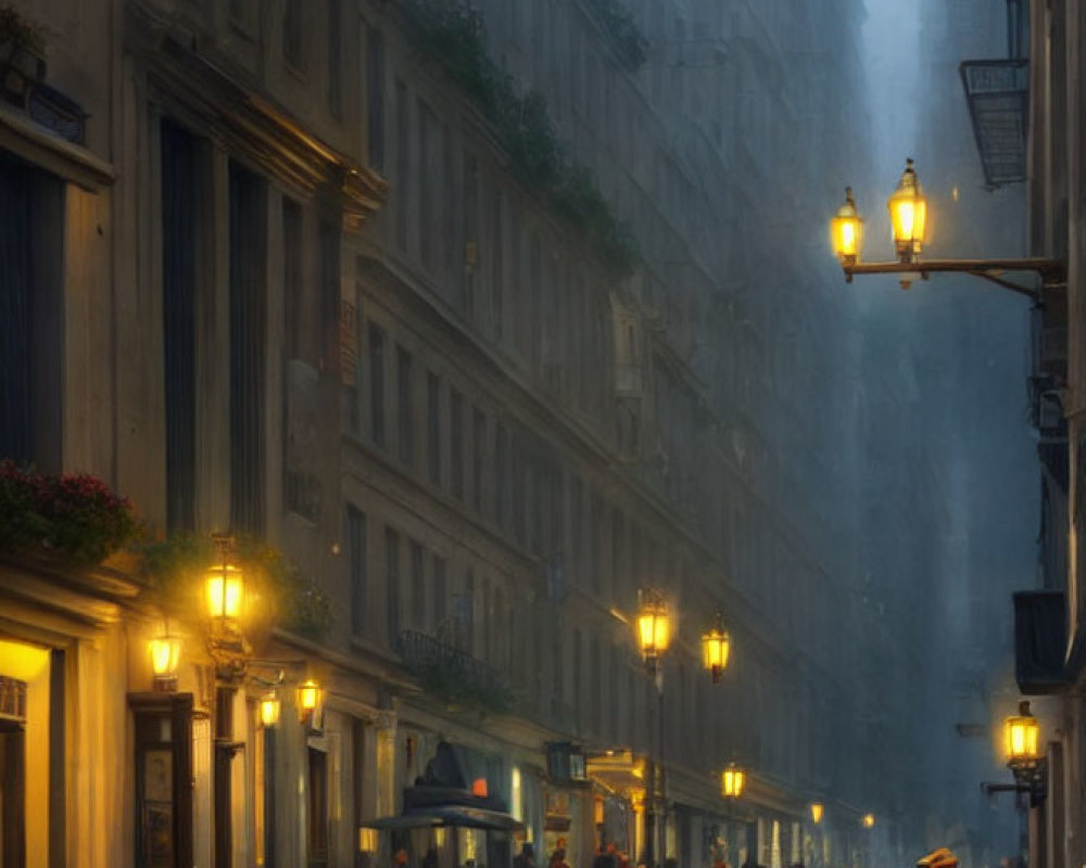 Urban street at dusk with glowing street lamps and people walking among foggy buildings.