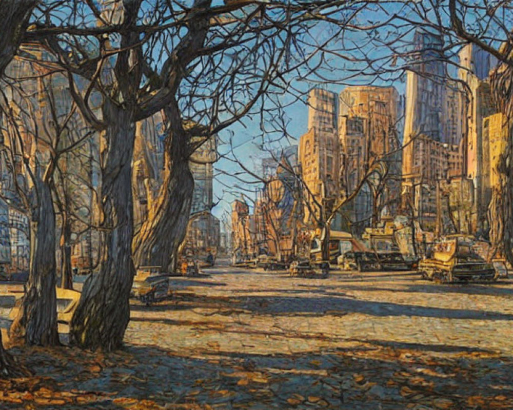 Urban Park in Autumn: Stylized Artistic Depiction