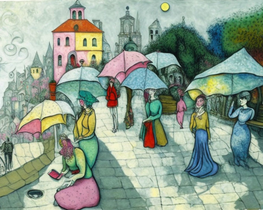 Colorful village scene with whimsical figures and cobblestone paths