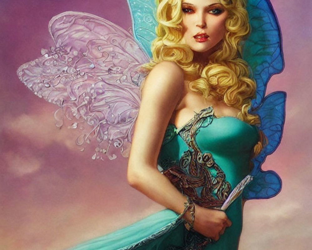 Blonde female figure with fairy wings in turquoise dress and dagger against purple sky