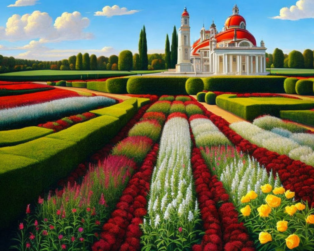 Symmetrical garden with colorful flowers in front of an elegant building