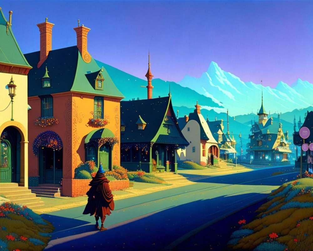 Vibrant village scene with European architecture, cloaked figure, and snowy mountains