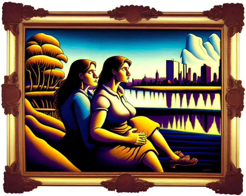 Stylized figures by waterside cityscape at sunset in vintage frame