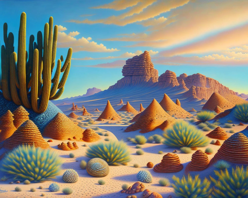 Vibrantly colored cacti in surreal desert landscape