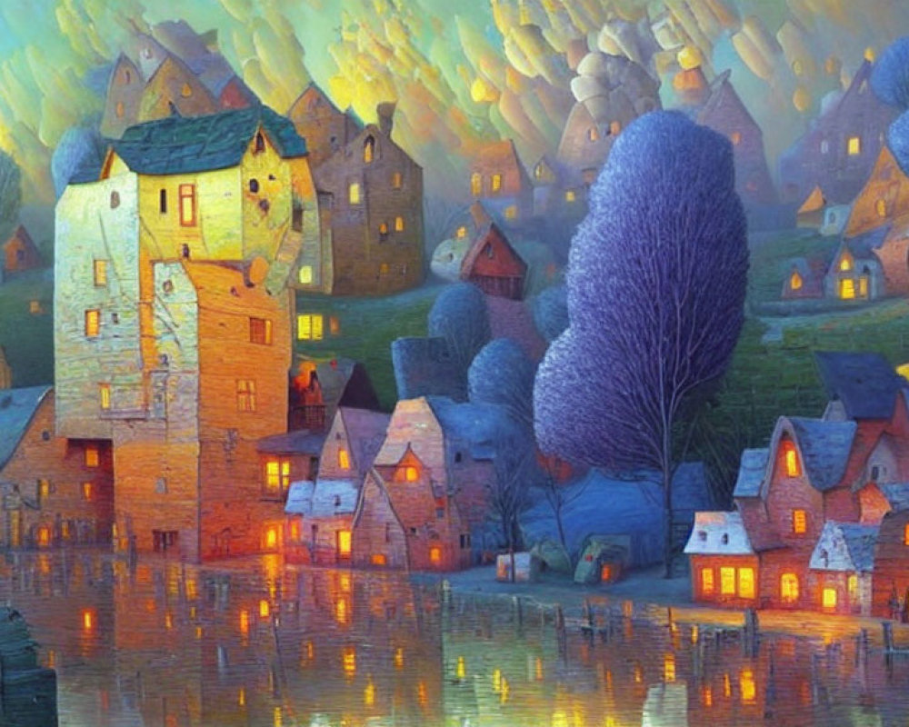 Colorful Village with Reflective Water and Whimsical Houses in Warm Light