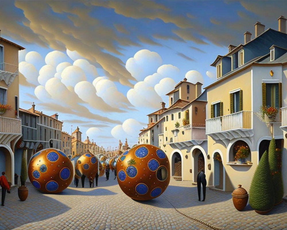 Surrealist painting of classical street scene with Fabergé-style eggs