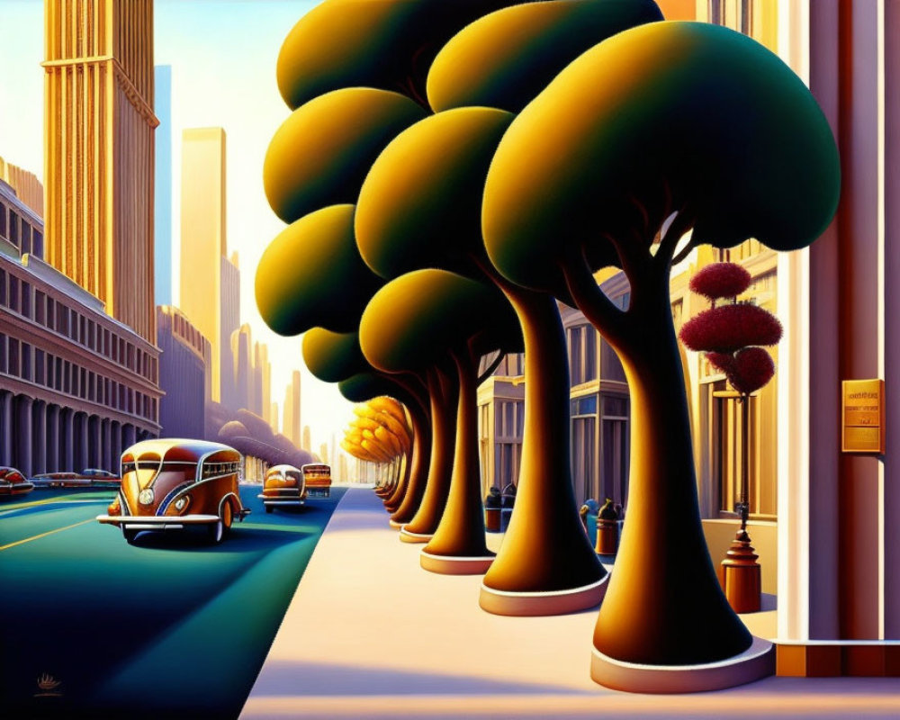 Colorful painting of oversized trees and vintage cars on sunlit boulevard with skyscrapers.