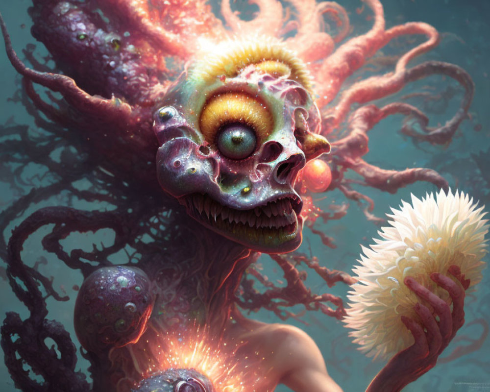 Surreal creature with skull-like face and tentacles holding bright flower