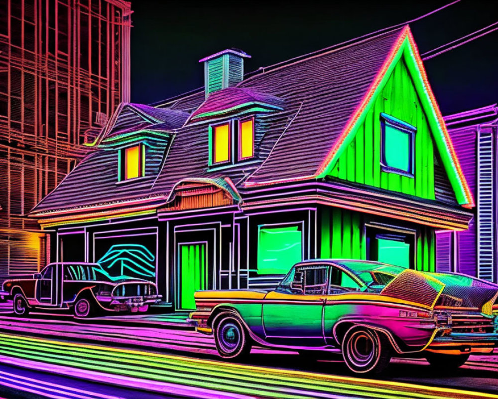 Vibrant neon digital art: classic house, vintage cars, glowing outlines on dark city backdrop