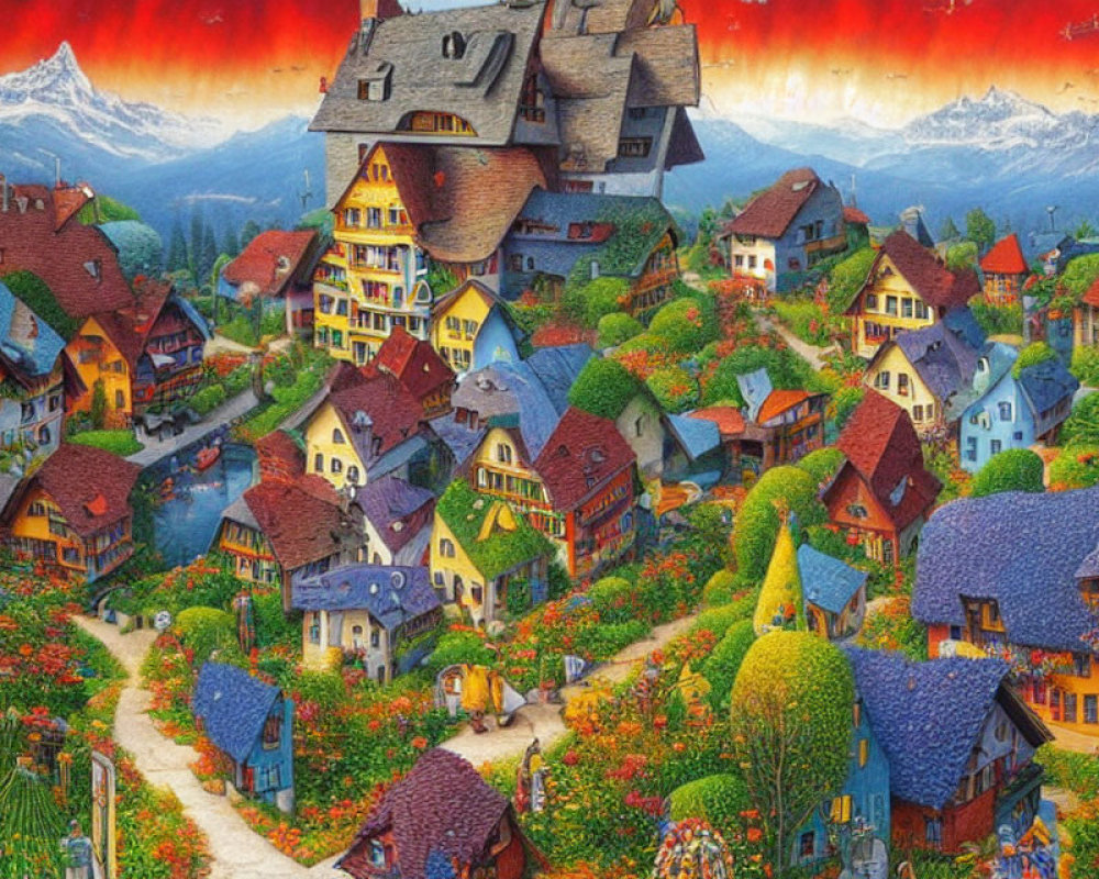 Colorful painting of whimsical village amid lush gardens and fiery sky