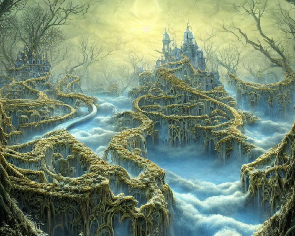 Fantasy landscape with twisting trees, river, ethereal castle, fog, and golden sky