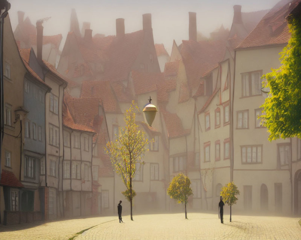 Sunlit foggy cobblestone street with vintage lamp post and autumn trees.