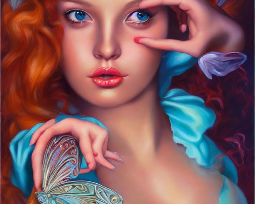 Digital painting of woman with red hair and blue eyes holding a butterfly