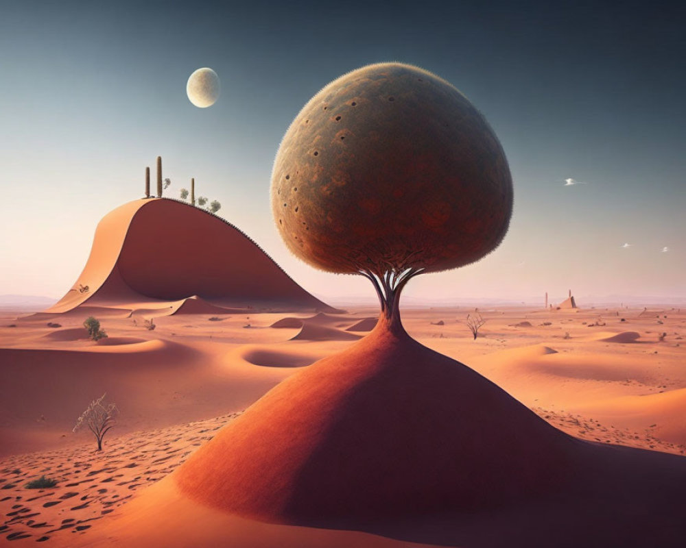 Surreal landscape with round tree, desert dunes, moon, and industrial structures