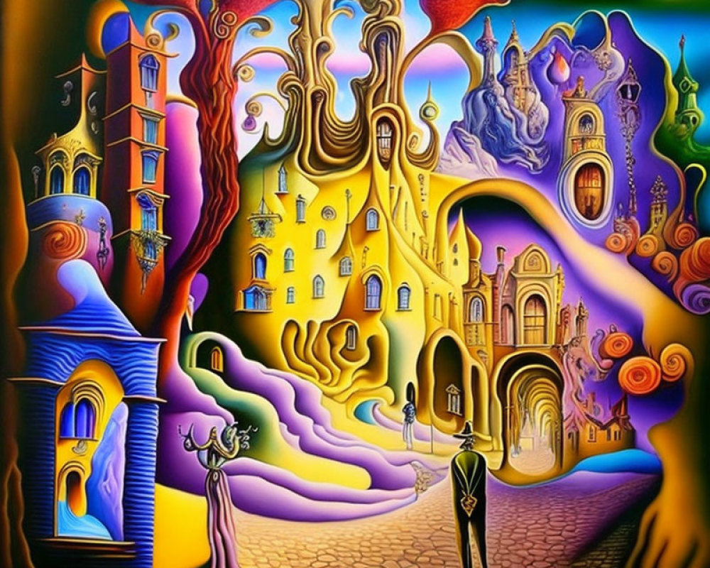 Colorful surreal artwork: whimsical structures, cobblestone path, elongated figures, elegant attire