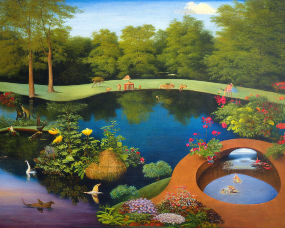 Tranquil landscape with blue pond, greenery, flowers, wildlife & gazebo