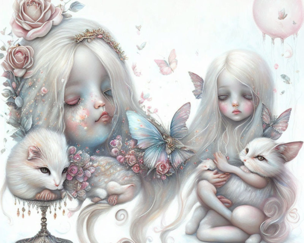 Ethereal girls with pale hair, roses, butterflies, and kittens in dreamlike innocence on past