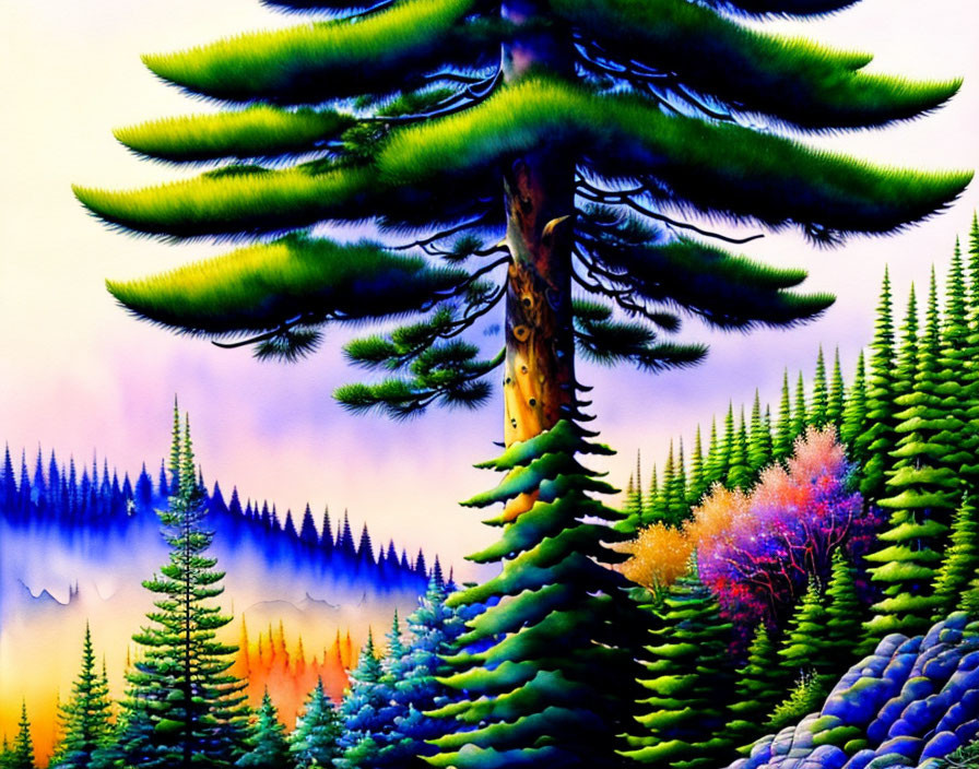 Colorful forest painting with stylized pine trees and sunrise/sunset background