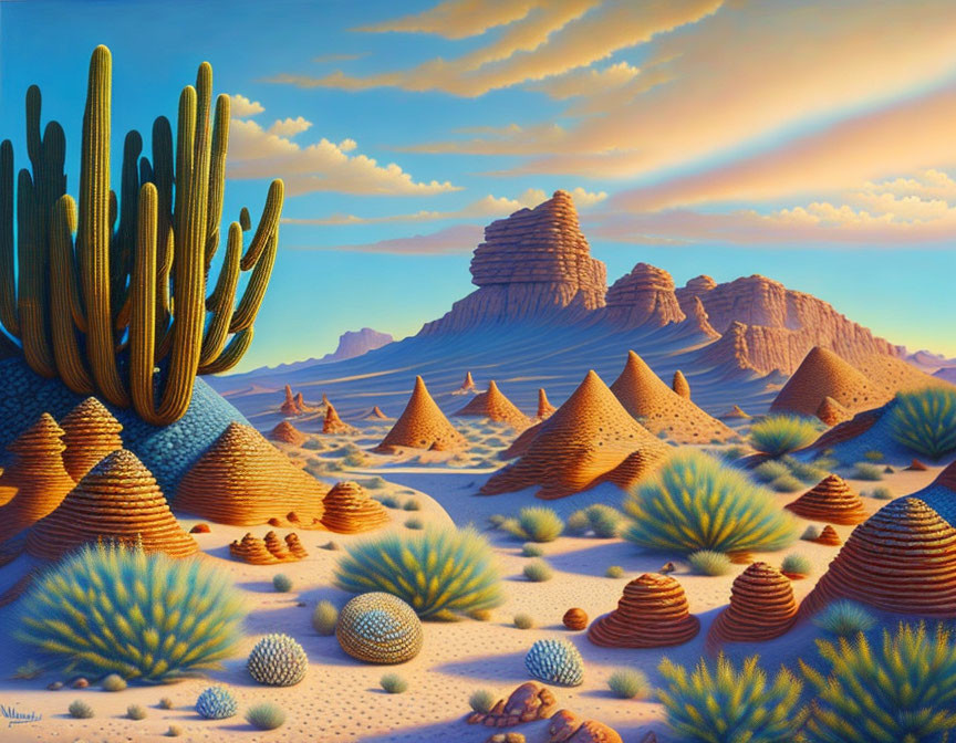 Vibrantly colored cacti in surreal desert landscape