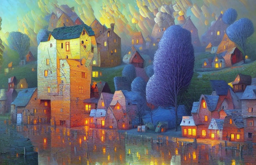 Colorful Village with Reflective Water and Whimsical Houses in Warm Light