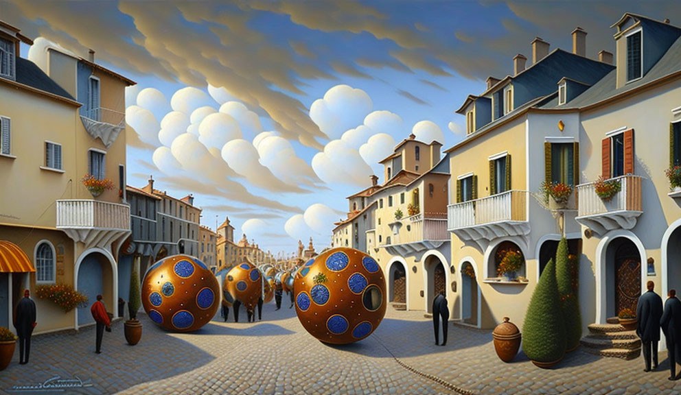 Surrealist painting of classical street scene with Fabergé-style eggs