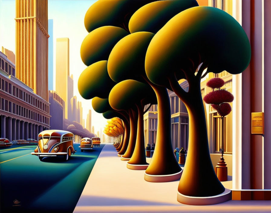 Colorful painting of oversized trees and vintage cars on sunlit boulevard with skyscrapers.