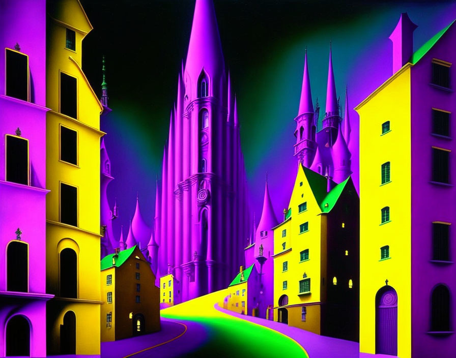 Fantasy cityscape with whimsical neon architecture in purple, green, and yellow.