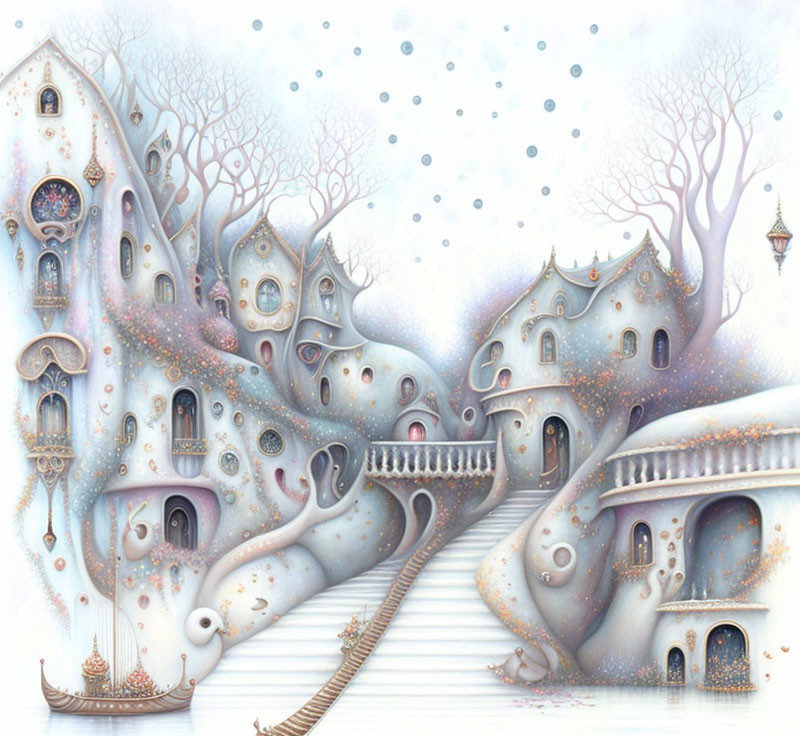 Pastel-colored village illustration with organic-shaped houses and snowy sky