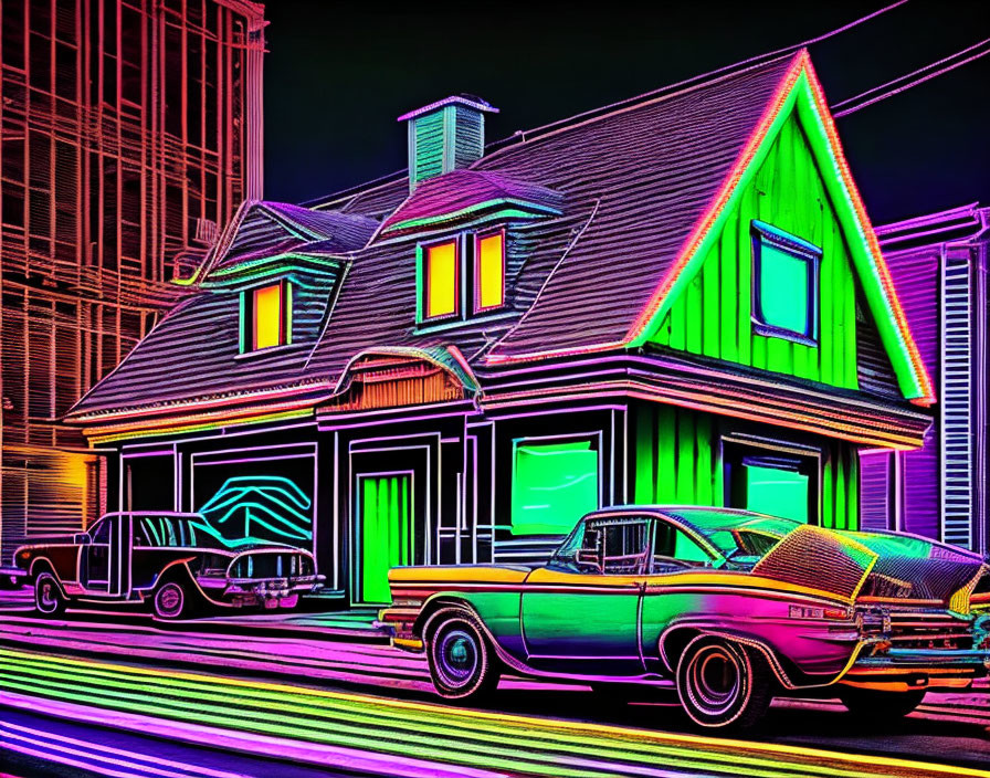 Vibrant neon digital art: classic house, vintage cars, glowing outlines on dark city backdrop