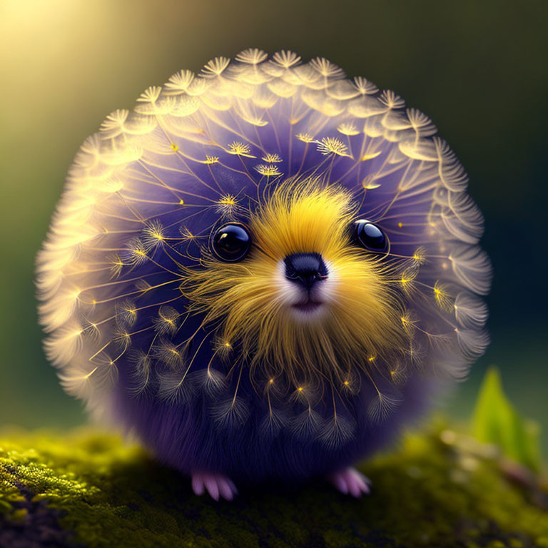 Fantasy hedgehog-like creature with dandelion seed body on mossy ground