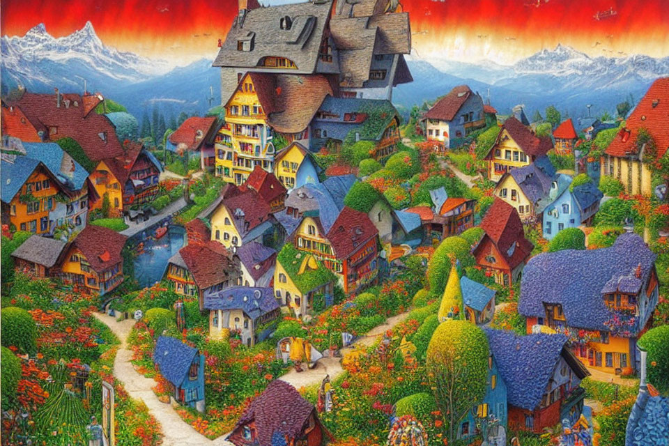 Colorful painting of whimsical village amid lush gardens and fiery sky