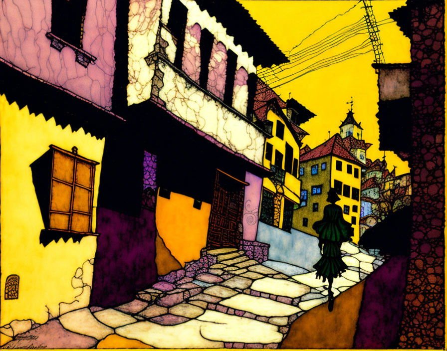 Colorful Stylized Artwork: Old European Street with Cobblestones & Bright Yellow Tones