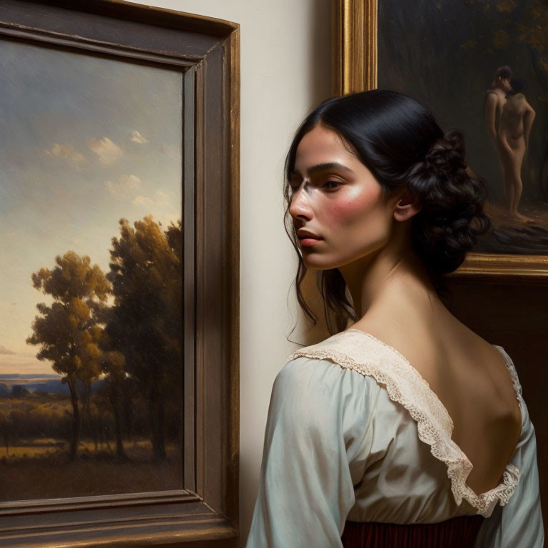 Vintage-dressed woman beside classical landscape painting in golden frame