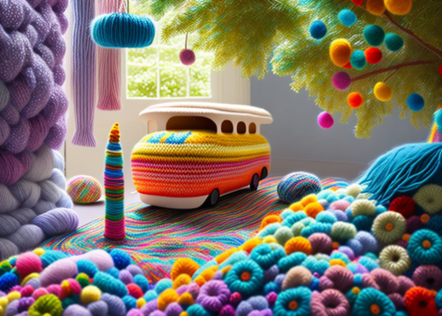 Vibrant yarn decorations: knitted bus, textured trees, multicolored pompom floor