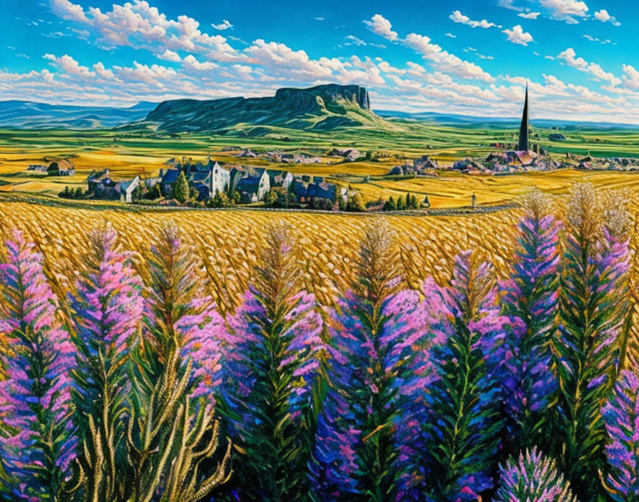 Colorful rural landscape painting with wheat field, village, and hill under blue sky