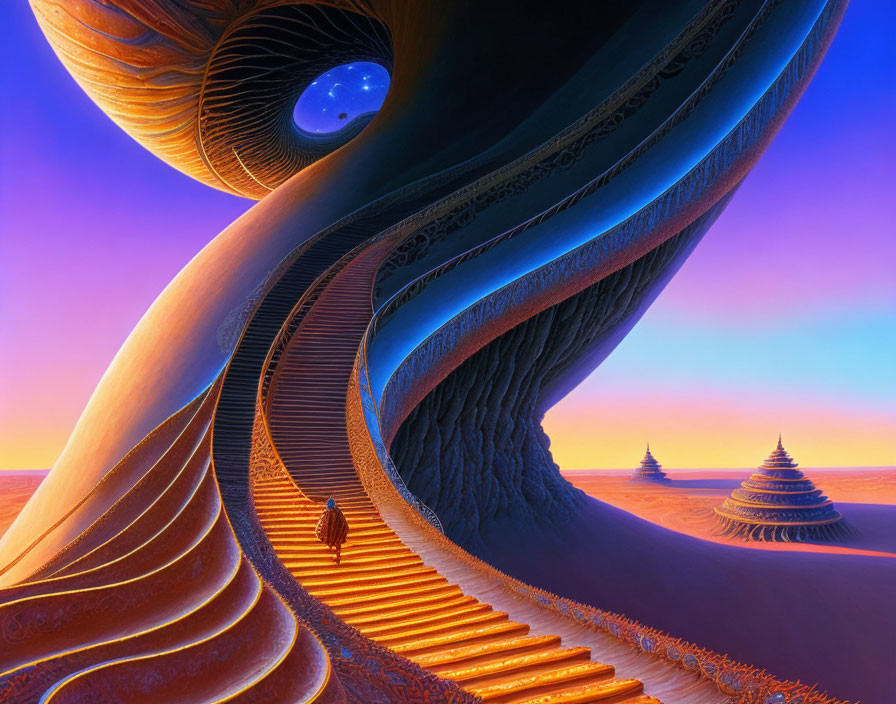 Surreal spiraling staircase in colorful desert landscape