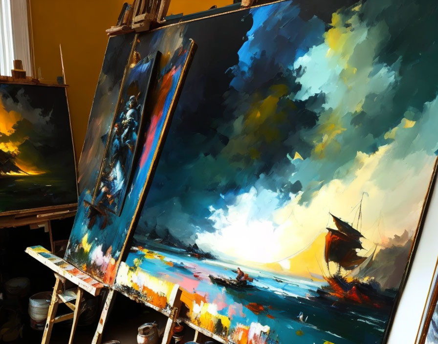 Colorful seascape painting with glowing sunset and sailing ship on easel