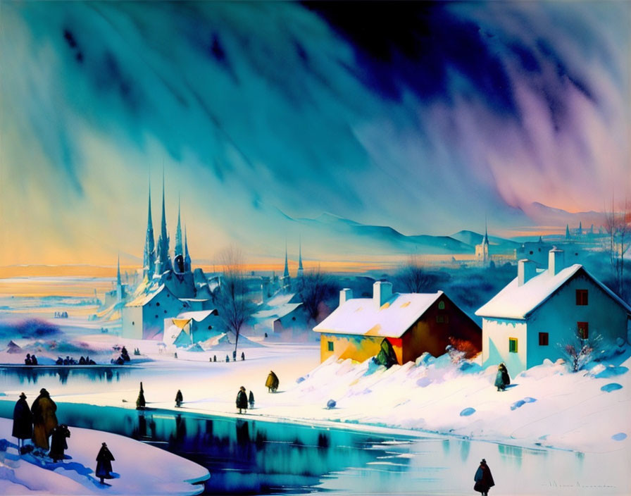 Snowy village scene with ice fishing, colorful houses, church, hills, and dramatic sky.