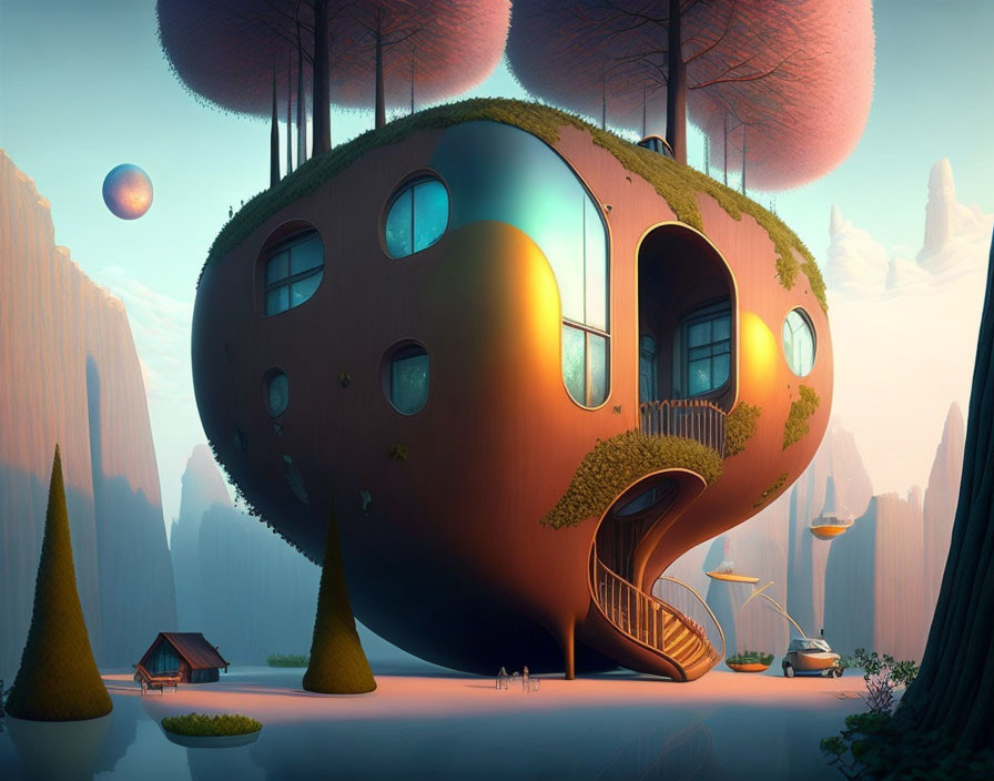 Fruit-shaped whimsical house in fantasy tree setting with spiral staircase